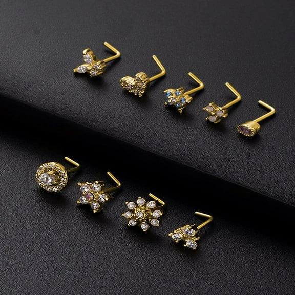 316L Surgical Stainless Steel Clear Cubic Zirconia L-Shaped Nose Rings Flower Golden 7mm Pin: 0.8mm