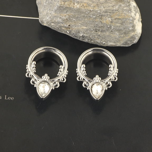 316L Surgical Stainless Steel Crystal Rhinestone Teardrop Ear Plugs Gauges Screw Tunnel Ear Expander for Men Women Stainless Steel color 16mm