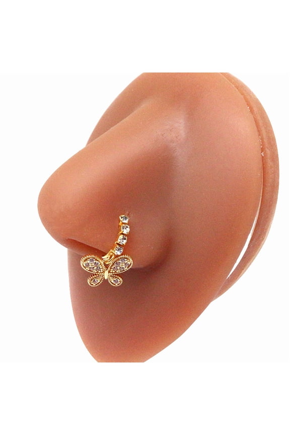 316L Surgical Stainless Steel Cubic Zirconia Dangle Hoop Nose Ring with Charms Golden Butterfly 80mm