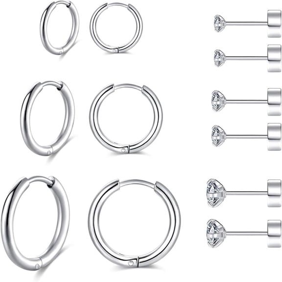 316L Surgical Stainless Steel Hoop Earrings Flat Back Stud Earrings Set Silver Hypoallergenic Earrings Hoop Cartilage Helix Lobes Hinged Sleeper Earrings For Men Women