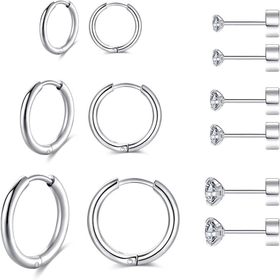 316L Surgical Stainless Steel Hoop Earrings Flat Back Stud Earrings Set Silver Hypoallergenic Earrings Hoop Cartilage Helix Lobes Hinged Sleeper Earrings For Men Women