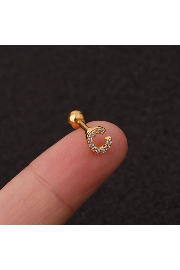 316L Surgical Stainless Steel Micro Pave Clear Cubic Zirconia Cartilage Earrings Golden Letter C 6mm Pin: 1.2mm