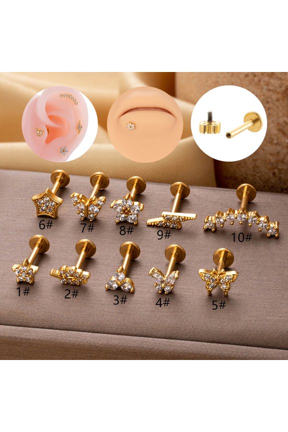 316L Surgical Stainless Steel Micro Pave Clear Cubic Zirconia Labrets Flower Golden 8mm Pin: 1.2mm