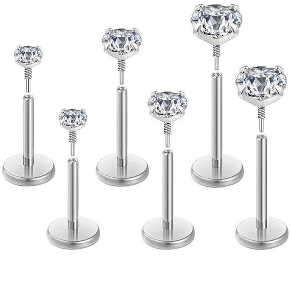 316L Surgical Stainless Steel Pave Clear Cubic Zirconia Flat Round Internally Threaded Labrets Stainless Steel color 7x4mm Pin: 4mm
