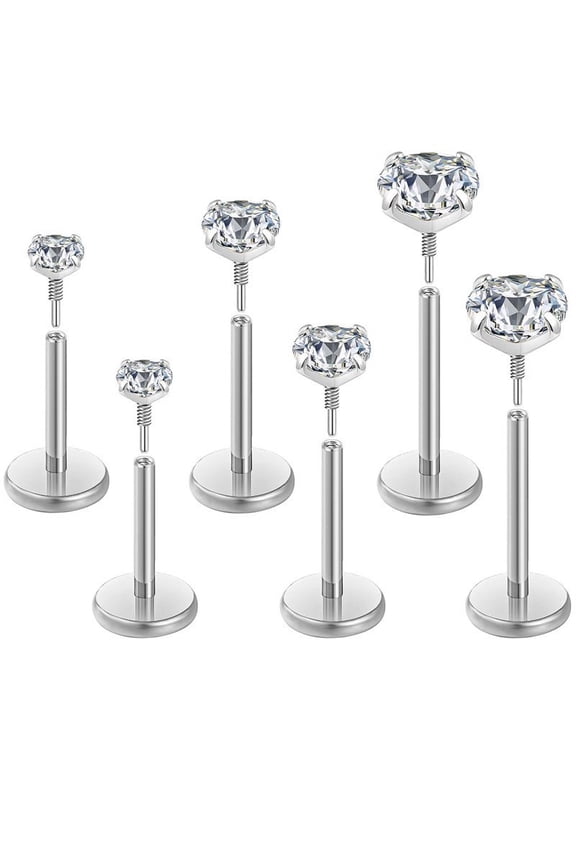 316L Surgical Stainless Steel Pave Clear Cubic Zirconia Flat Round Internally Threaded Labrets Stainless Steel color 7x4mm Pin: 4mm