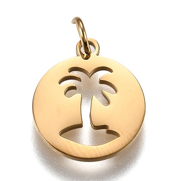 316L Surgical Stainless Steel Pendants with Jump Rings Flat Round with Hollow Palm Tree Real 18K Gold Plated 16x13.5x1mm Hole: 3mm