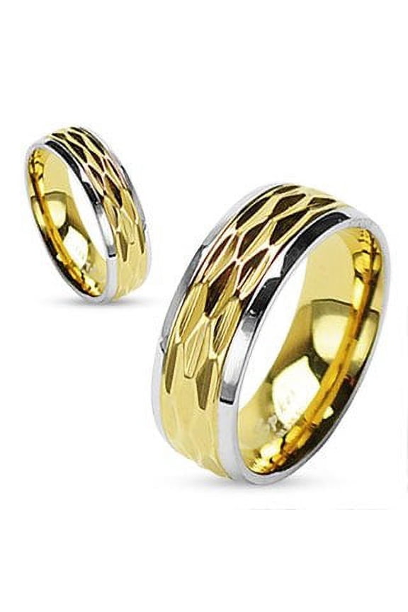 316L Surgical Stainless Steel Rings/IP Gold Dia Cut Center/Shiny Finish Steel Edges Size 7
