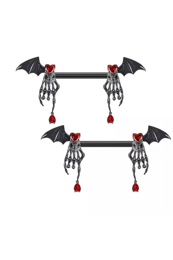 316L Surgical Stainless Steel Ruby Rhineston Nipple Barbells Black Hand with Wings 37x21mm