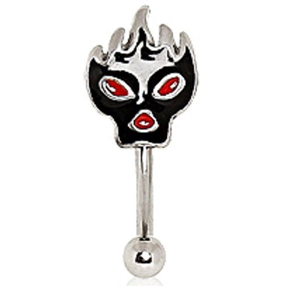 316L Surgical Steel Eyebrow Curve with Epoxy Flaming' Skull Devil Implant Grade 316L Surgical Steel with meticulous threading and mirror finish.