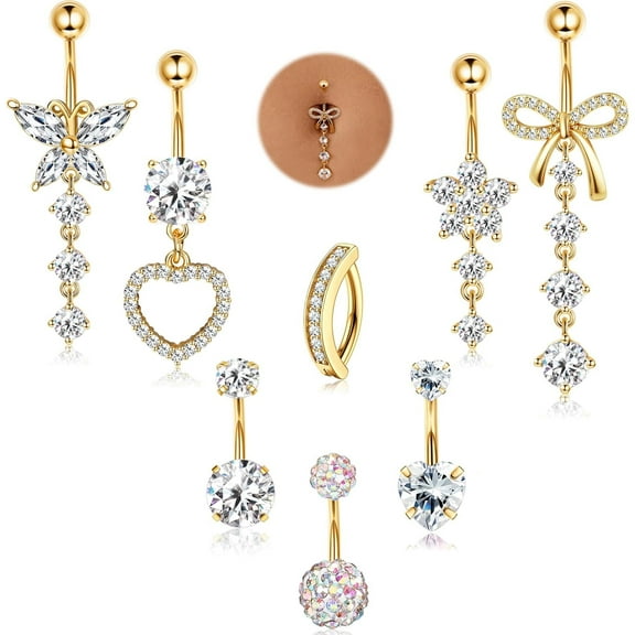 316L Surgical Steel Gold Dangle Belly Button Ring for Women Silver Dangly Belly Rings 14G Hypoallergenic Navel Belly Button Piercing Jewelry Bow Heart 10mm/12mm Barbell Length