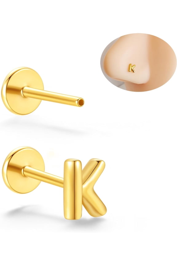 316L Surgical Steel Gold Threadless Nose Studs Nose Rings,Tiny Initial Letter Stud Earring,20G Flat Back Earring, Alphabet Name Earrings Tragus Helix Cartilage Ear Piercing for Women Men[y410]
