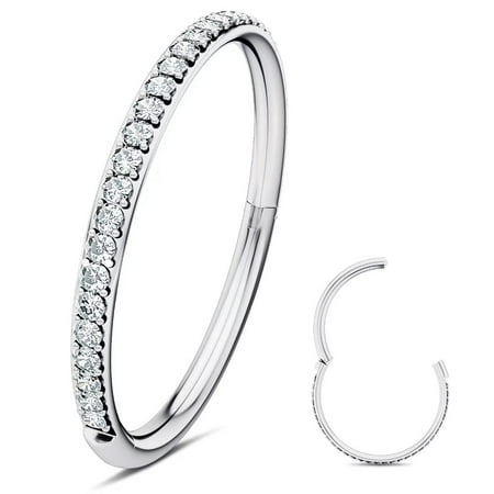 316L Surgical Steel Hinged Nose Rings Hoop with Zircon 16G Body Pierecing Ring Segment Clicker Lip Rings Cartilage Rook Diameter 8mm (Silver)