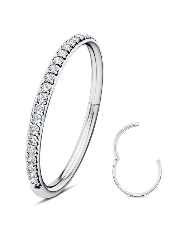 316L Surgical Steel Hinged Nose Rings Hoop with Zircon 16G Body Pierecing Ring Segment Clicker Lip Rings Cartilage Rook Diameter 8mm (Silver)