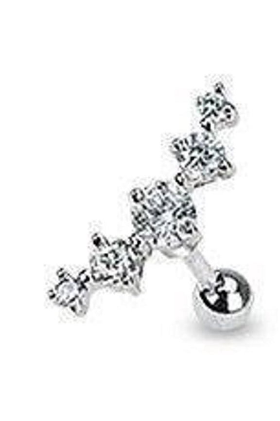 316L Surgical Steel Journey Curve 5 Gems Tragus/Cartilage Piercing Stud 16g 1/4"