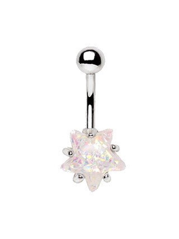 316L Surgical Steel Large White Opal Star Navel Ring