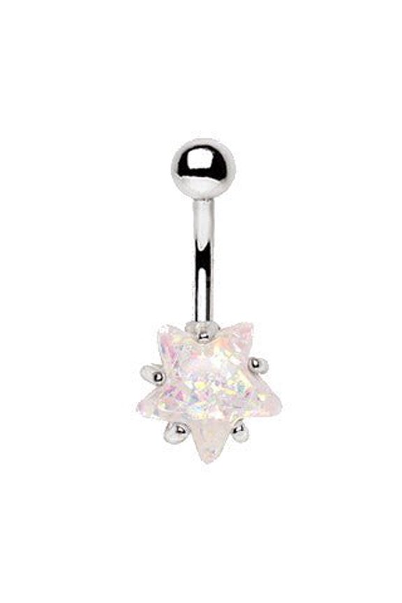 316L Surgical Steel Large White Opal Star Navel Ring