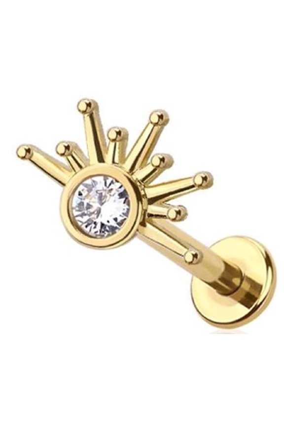 316L Surgical Steel Starburst Crystal Labret Stud, 18GA 5/16 Inch, Push-In Threadless Design, Gold and Silver Tone