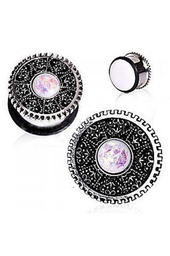 316L Surgical Steel Steampunk Intricate Gear with Opal Plug