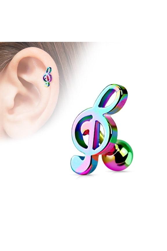 316L Surgical Steel Treble Clef Music Note Cartilage/Tragus Bar 16g - rainbow