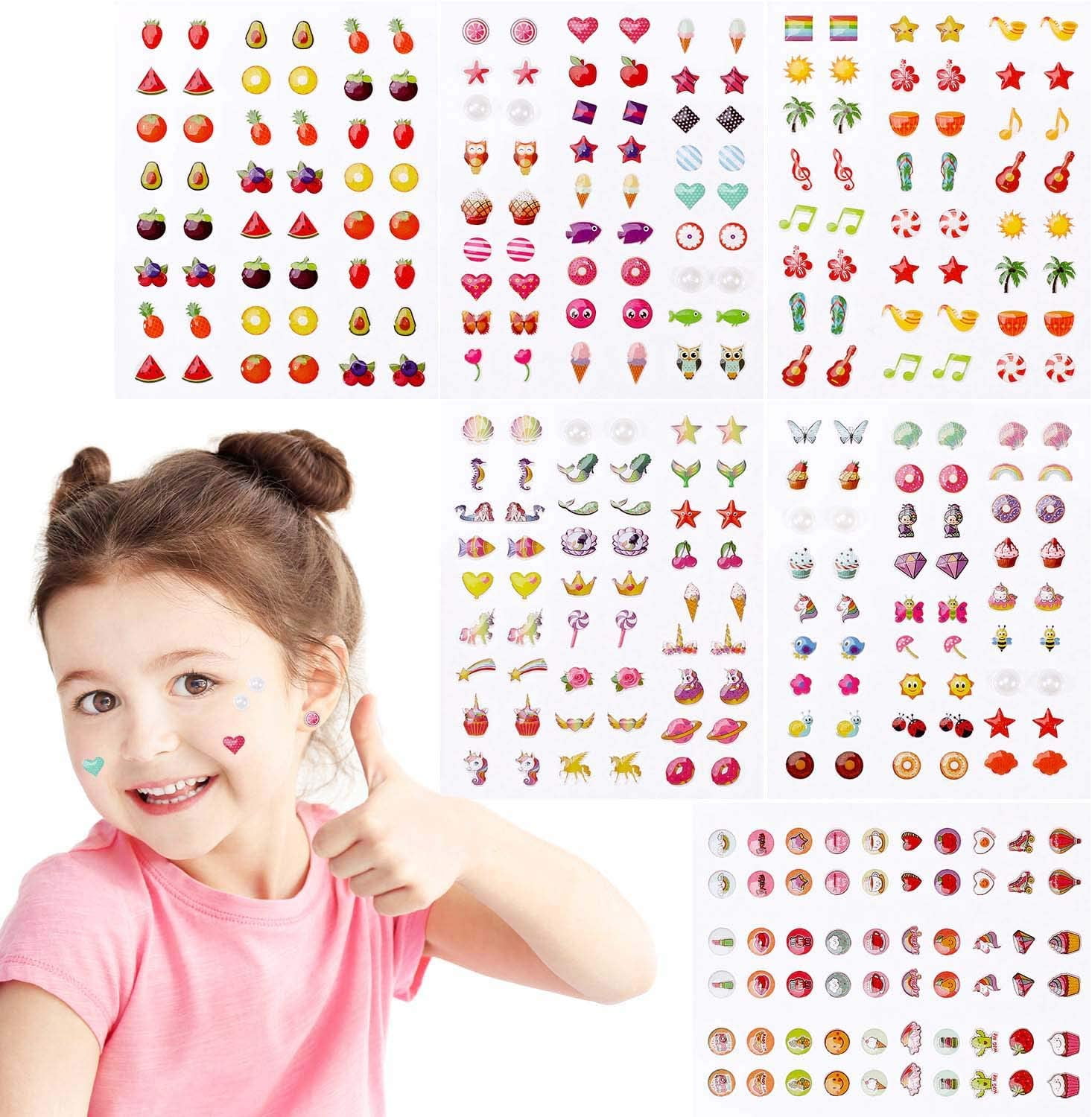 KONSAIT 318 Pcs Stick-on Earrings for Girls, 3D Gems Glitter Crystal Sticker Self-Adhesive Earrings, Toddlers Dress-up Pretend Princess Play Jewelry