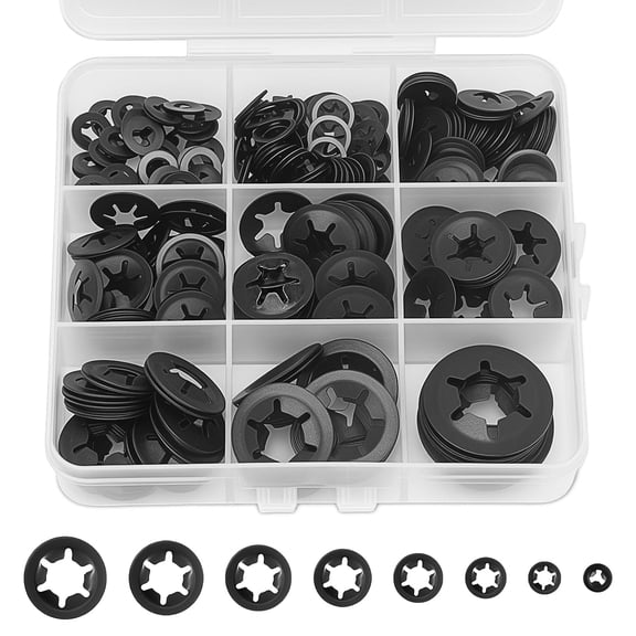 318PCS 8 Sizes Internal Tooth Star Lock Washers Assortment Kit, M2.5 M3 M4 M5 M6 M8 M10 M12 Quick Speed Locking Washers, Push Lock Nuts Retaining Clips, Black Oxide Steel Finish