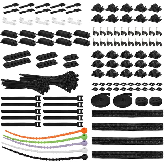 319-piece cable management organization set, desktop cable organizer, 98 sticky cable clips, 17 reusable cable ties, 4 cable sleeve dividers, and 200 nylon cable ties (black)