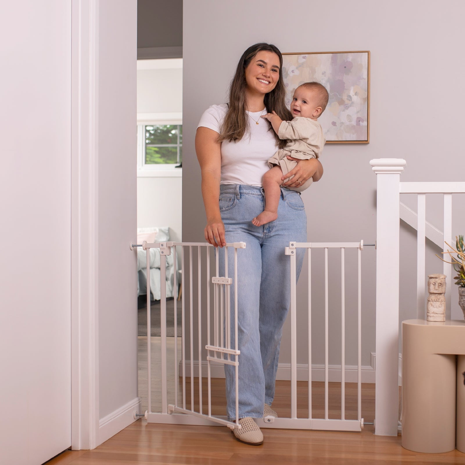 Extra Wide White Metal Baby Gate with Pet Door