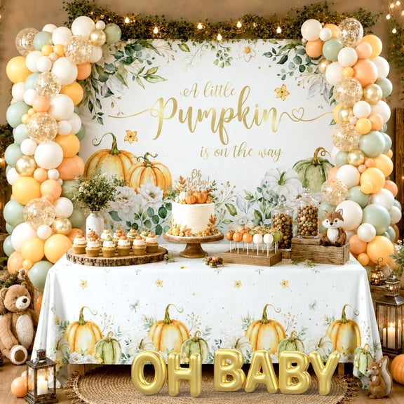 319Pcs Little Pumpkin Shower Decorations Set, Fall Themed Party Supplies with Backdrop, Balloon Arch, Tableware, Topper and Sash for or