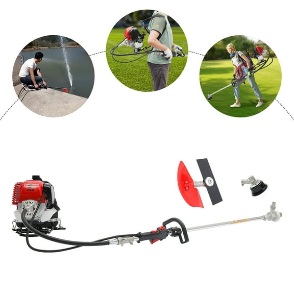 31CC 4-stroke Backpack Gas Garden Brush Cutter Grass Trimmer Lawn Mower+Pumping