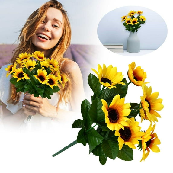 31Cm Long Artificial Sunflowers Bouquet With Leaves, Silk Decor for Home, By Meiiso, Large Inventory!