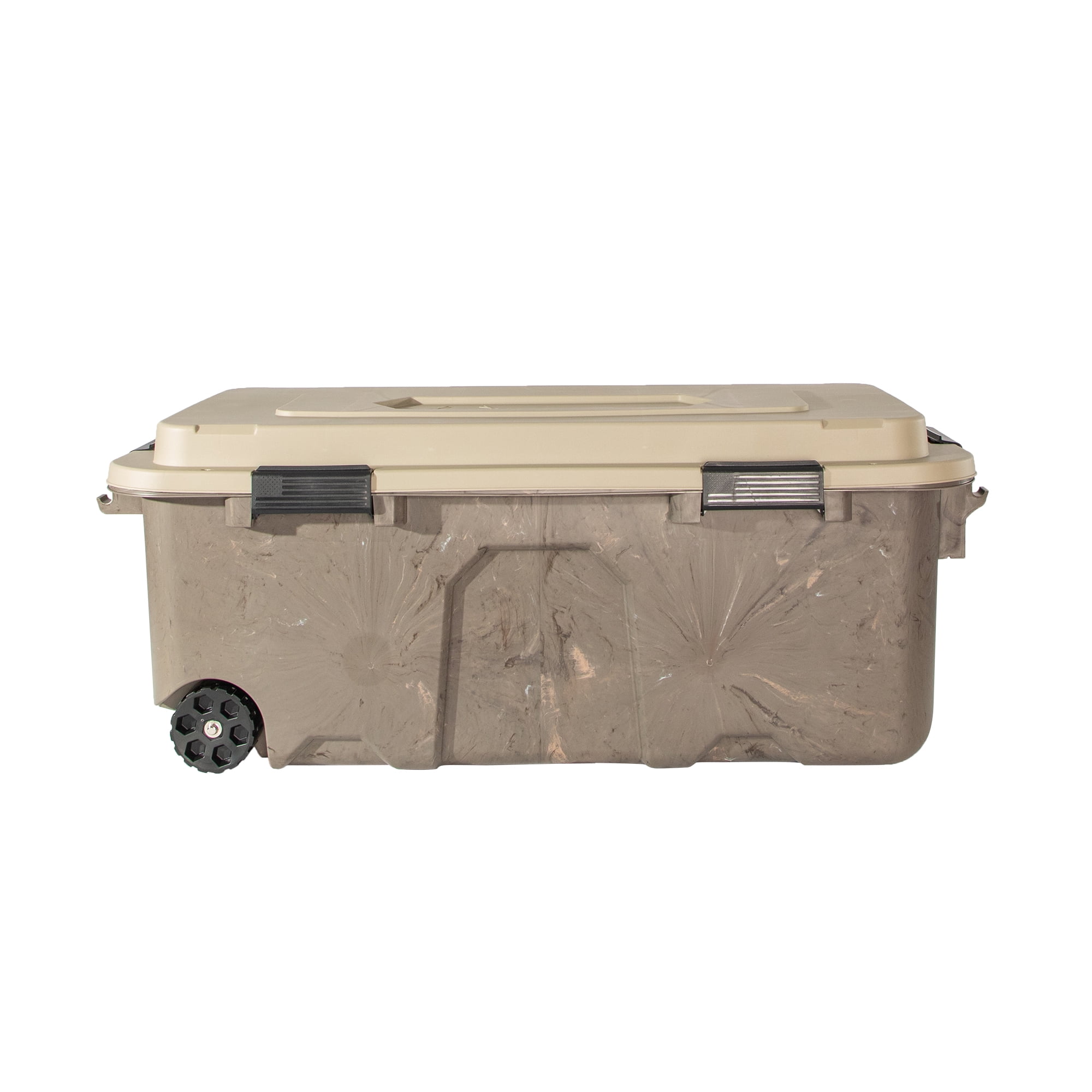 Realtree® WEATHERMAX™ 31 Gallon Marbled and Tan Wheeled Storage Tote with Latching Lid, Heavy Duty Plastic Storage Bin