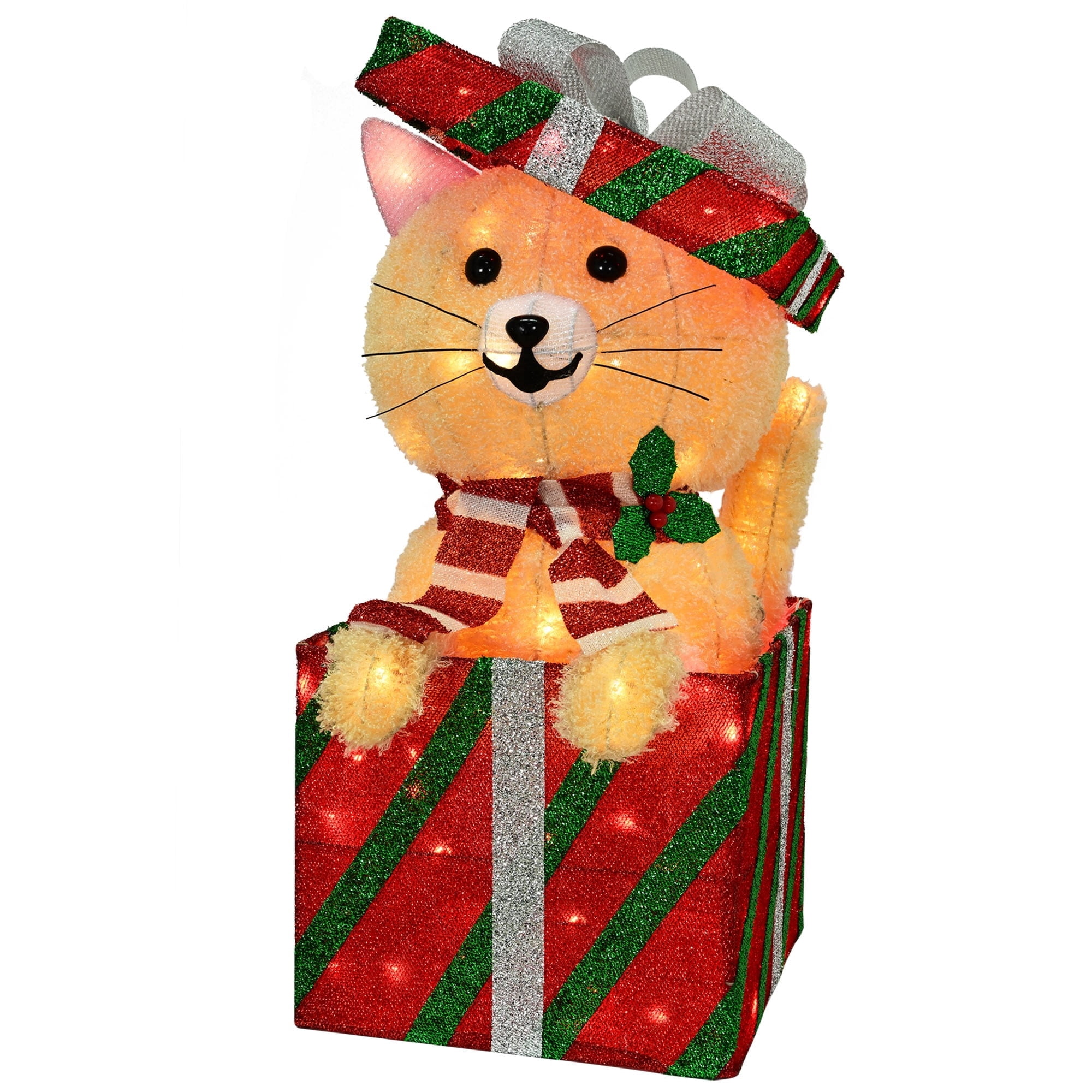 Indoor/Outdoor Light-Up Plush Cat Christmas Decoration with 85 LED Lights, Warm White, 31", by Holiday Time
