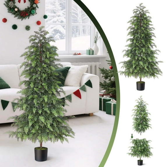 31In Artificial Cedar Christmas Tree, UV Resistant Potted Topiary for Outdoor Front Porch Decor, Fake Pine Shrubs for Indoor Farmhouse Home Office Decor