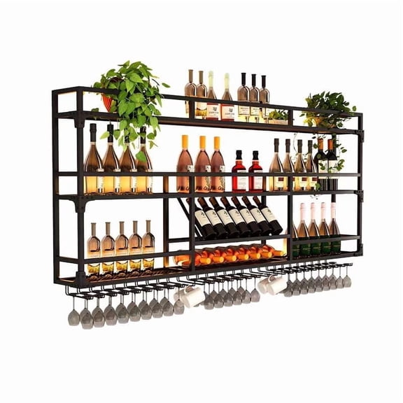 31Inch Metal Wall-Mounted Wine Rack with LED Light - 3 Tier Wine Storage Display Rack with Glass Holder - Space-Saving Bottle Display Shelf for Home Bars, Dining Rooms, Black