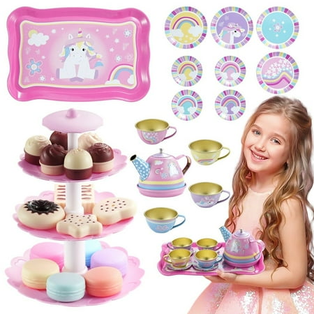 31PCS Pretend Play Tea Party Set, Afternoon Tea Party Supply, Tea Time Toy for Kids Toddlers Birthday Party