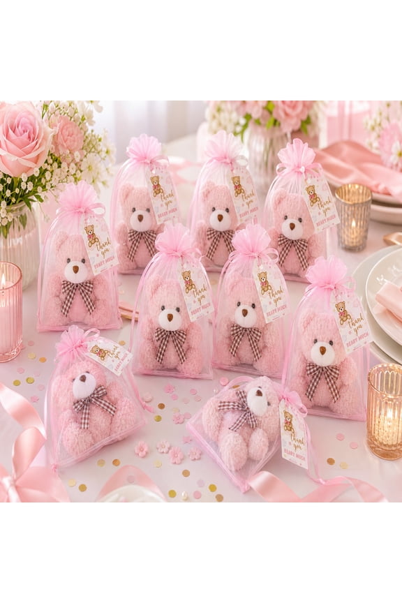 31Pcs 10Sets Bear Keychain Party Favor Set with Pink Plush Bear Pendants, Organza Drawstring Bags, Thank You Cards and Twine, Cute Gift Bundle for Celebration Events, Party Decorations