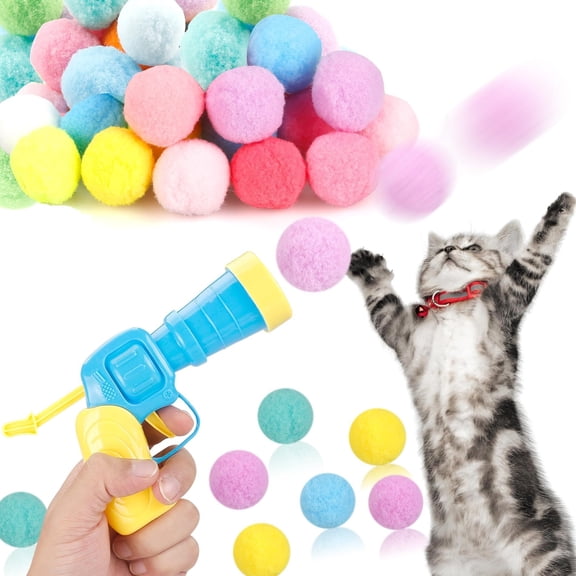 31Pcs Cat Ball Launcher Toy, 1 Gun + 30 Plush Fuzzy Balls Interactive Fetch Toy for Indoor Cats
