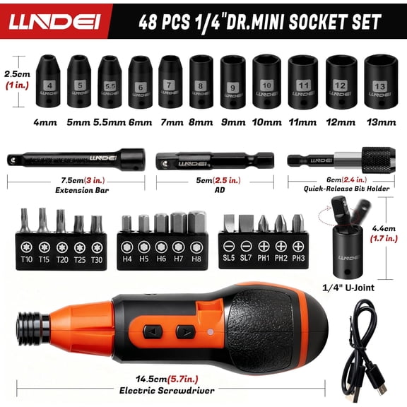 31Pcs Electric Screwdriver, 4V Cordless Screwdriver Rechargeable with 15PCS Bits & 11PCS 1/4" Sockets, Power Screwdriver with Extension Bar, Adapters and Universal Joint.