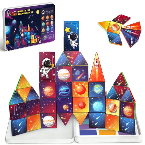 31Pcs Space Themed Assembling Blocks Travel Set with Metal Storage Box, Colorful DIY Splicing Leisure Toys for Indoor Outdoor Daily Play