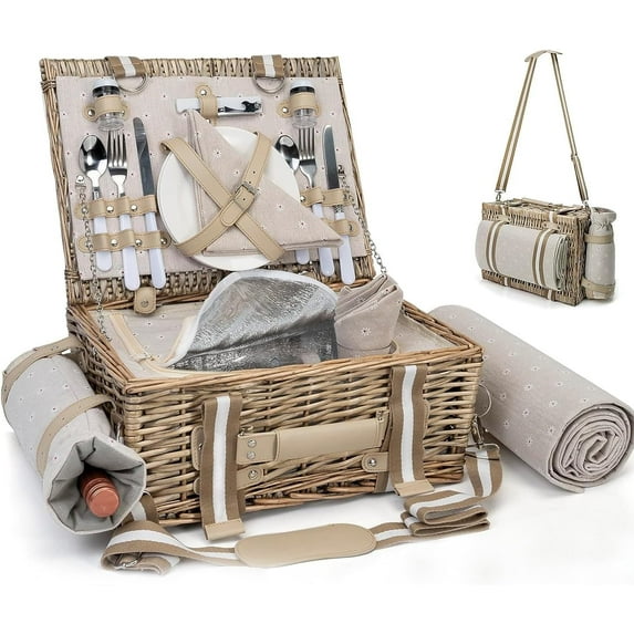 31Pcs Picnic Basket Set for 4 with Insulated Liner and Waterproof Blanket Wine Pouch, Large Wicker Picnic Hamper for Camping,Outdoor,Valentine Birthday Christmas for Couples,Natural