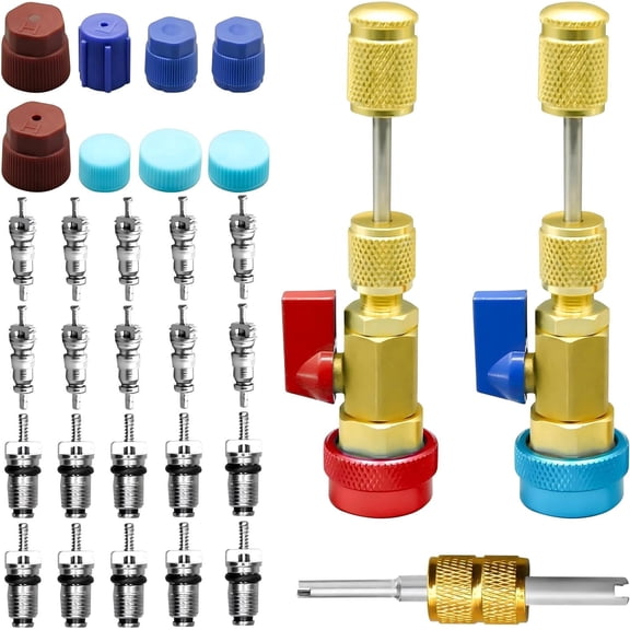 31Pcs R134A Valve Core Quick Remover Installer Tool Set, High Low Pressure AC Valve Core Removal Tool with R134A Valve Core AC Service Port Cap Valve Stem Kit for Refrigerant Air Conditioner System
