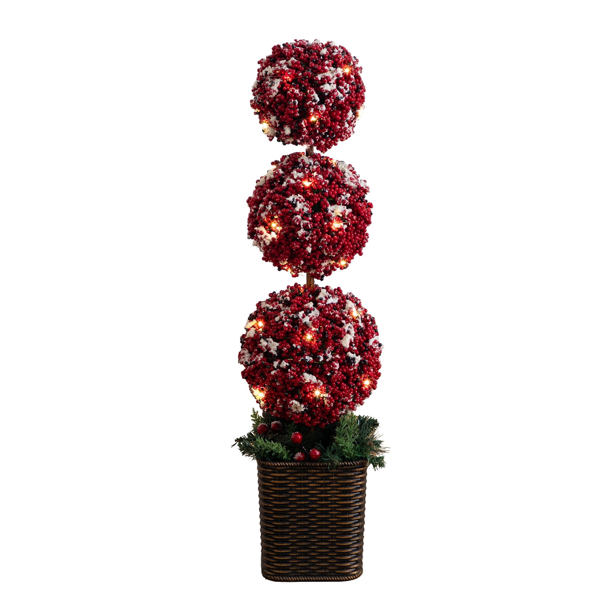 31in. Artificial Christmas Snowed Holly Berry Triple Ball Topiary Tree with 45 LED Lights in Decorative Planter