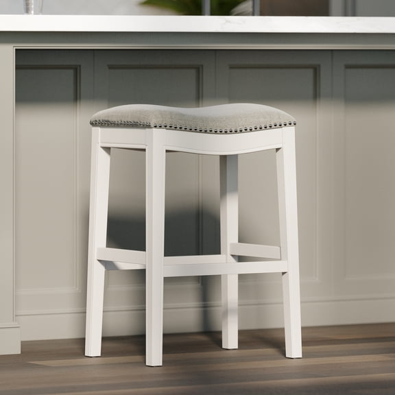 31in. Bar-Height Backless Wood Narrow Saddle-Seat Barstool with Nailhead Trim, Farmhouse Whitewash with Gray Upholstered Seat, 1PC