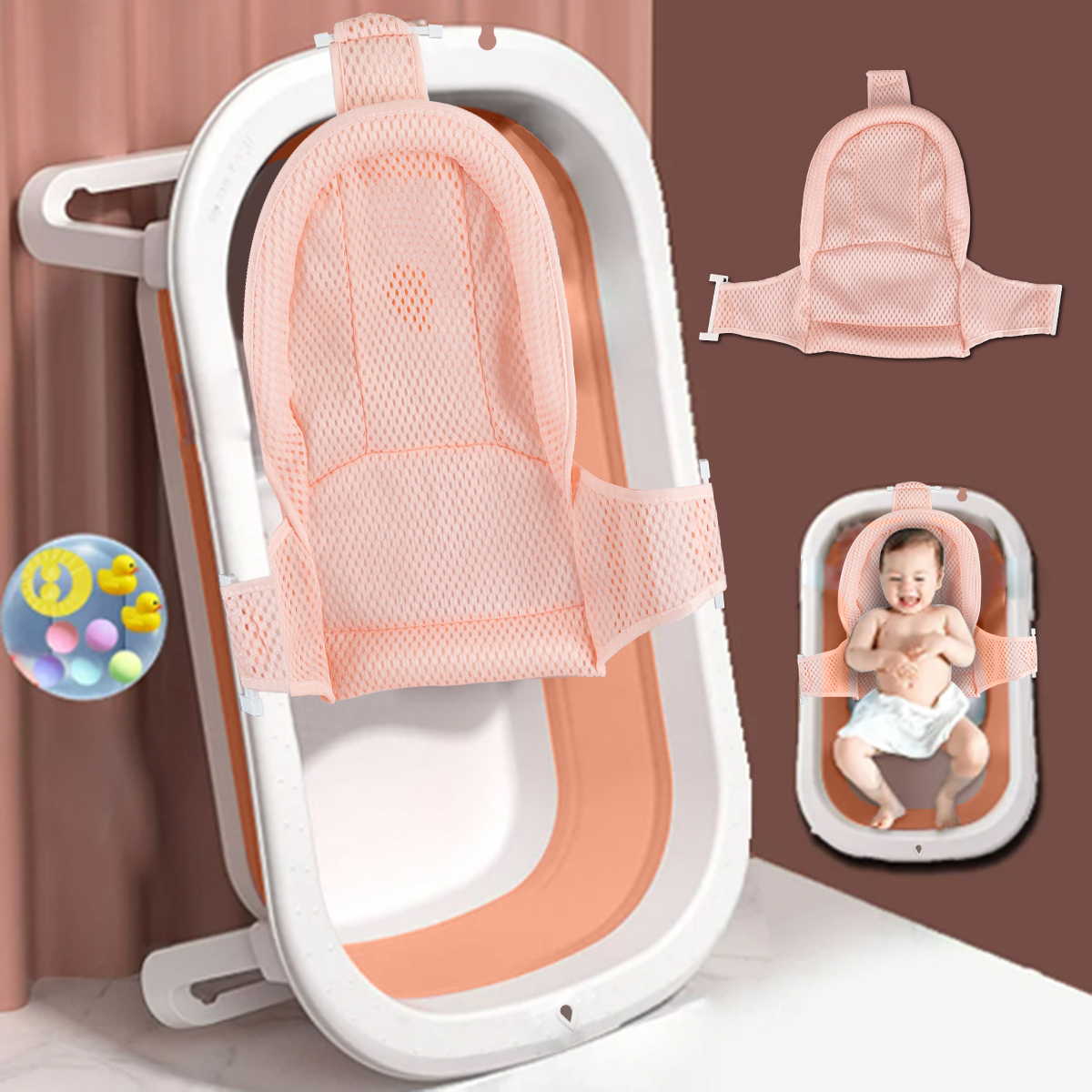 31in Folding Baby Bathtub with Mesh Mat+Toy, Portable Travel Bathtub