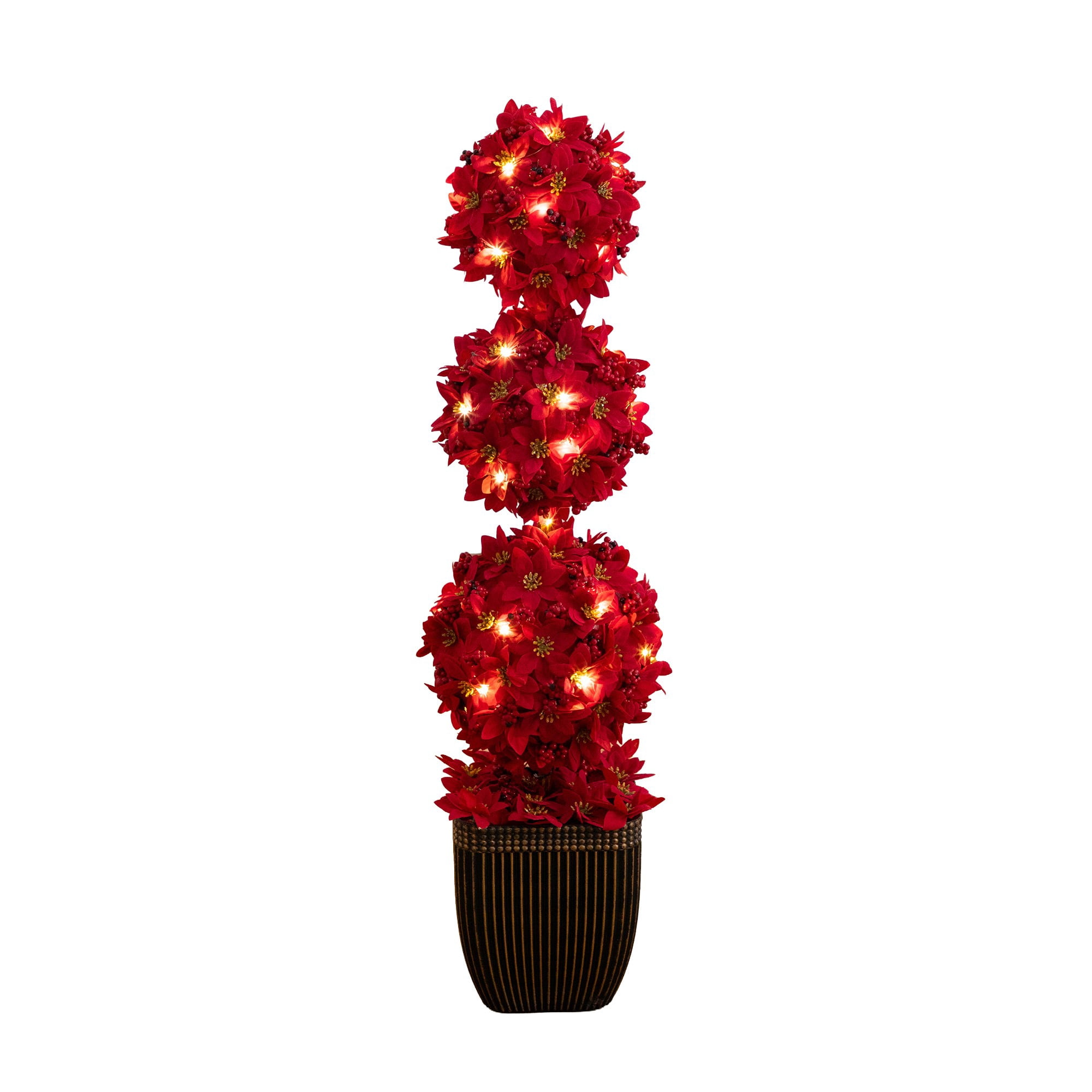 31in. Pre-Lit Artificial Christmas Poinsettia Triple Ball Topiary Tree with 45 LED Lights in Decorative Planter