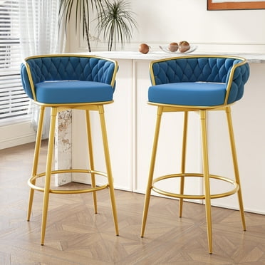 31inch Bar Stools Set of 2, 180° Counter Swivel Height Bar Stools with Hand-Woven Backrest & Gold Metal Legs, Modern Low Back Upholstered Kitchen Chairs with Footrest for Island, Dining Room,Blue