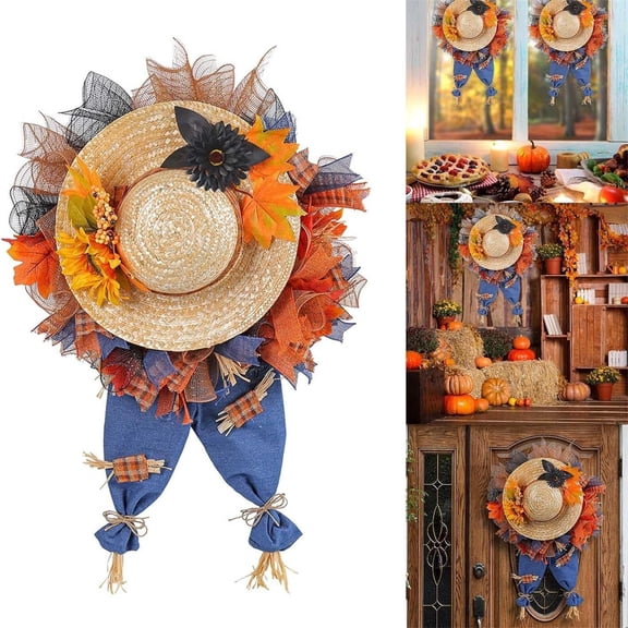 31inch Fall Straw Hat Wreath for Front Door with Sunflower Maple Leaf Artificial Mesh Wreath with Jeans Legs Hanging Down Abstract Scarecrow Autumn Wreath for Thanksgiving Day Harvest Festival Decor