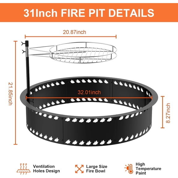 31inch Fire Pit with Grill,  Smokeless Firepit Bowl Metal Fire Rings for Outside, Large Round Smokeless Firepit Insert, Heavy Duty Carbon Steel Fire pits for Camping and