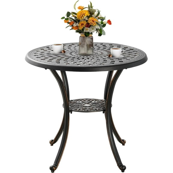 31inch Patio Bistro Table All Weather Patio Table with Umbrella Hole, Retro Cast Aluminum Bistro Table Round Metal Side Table, Bronze