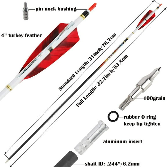 31inch Pure Carbon Arrows Archery Hunting Arrows Fletched Targeting Arrows for Compound & Recurve & Long Bow